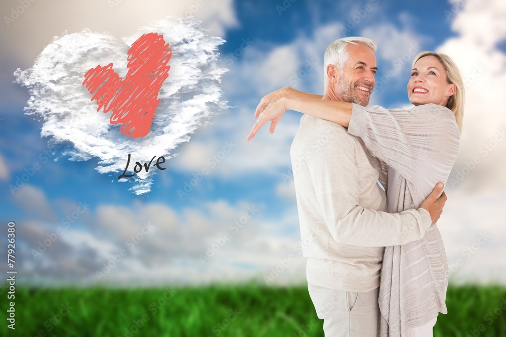 Poster composite image of happy couple standing and hugging