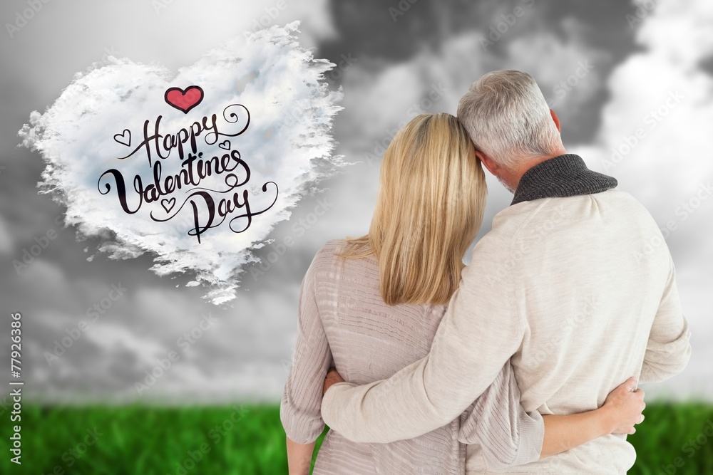 Poster composite image of happy couple standing with arms around