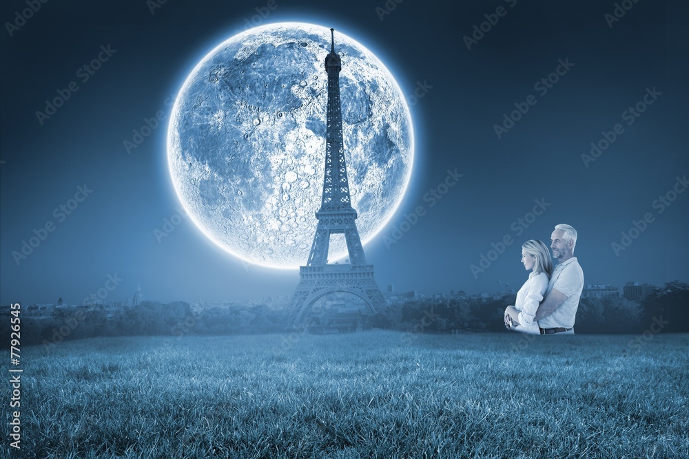 Poster composite image of happy couple smiling and embracing