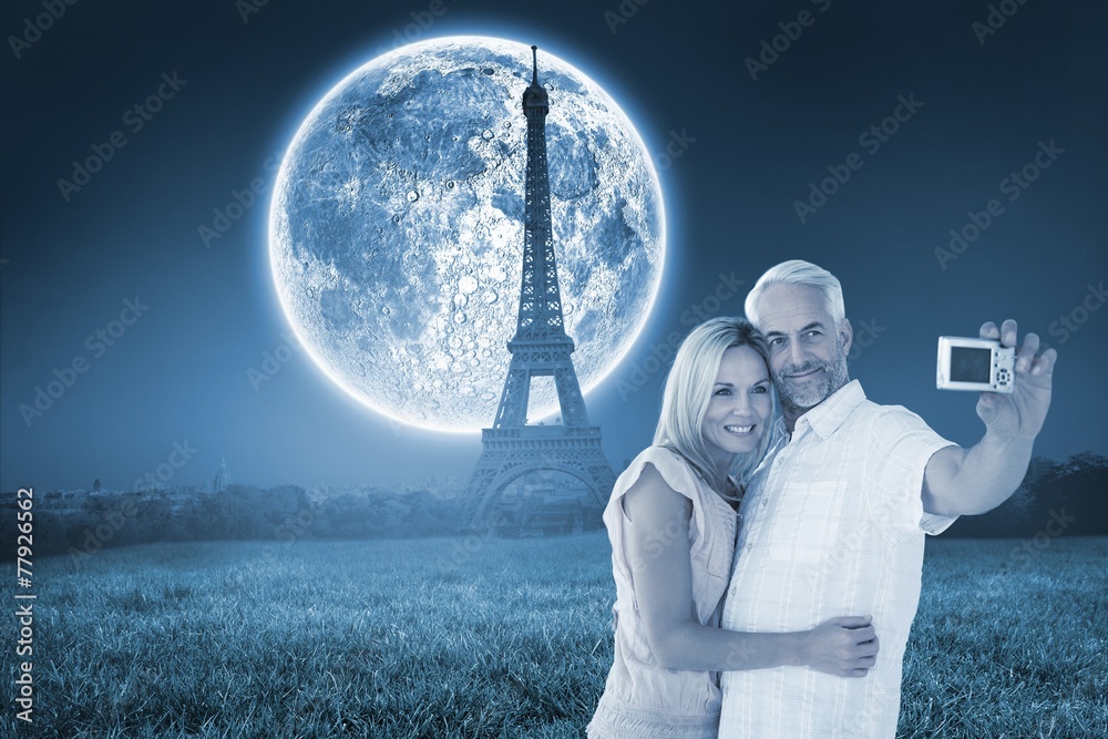 Poster composite image of happy couple posing for a selfie