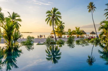 Peel and stick wall murals Bora Bora, French Polynesia Palms reflecting on an infinity pool on the beach, French Polyne