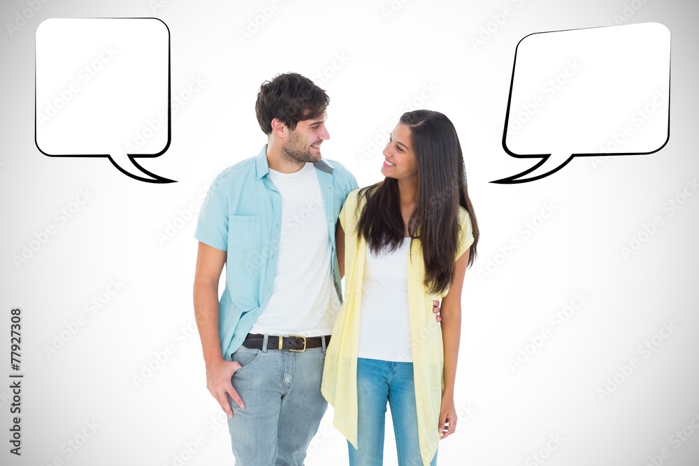 Poster composite image of happy casual couple smiling at each other