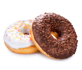 Donuts isolated on white background. Tasty glazed donuts closeup