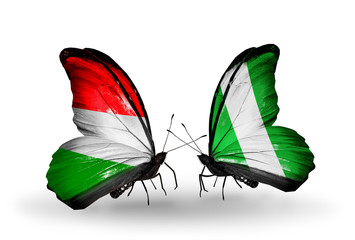 Two butterflies with flags Hungary and Nigeria