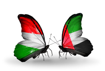Two butterflies with flags Hungary and United Arab Emirates