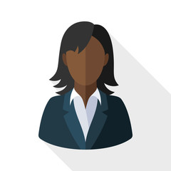 Black female user icon with long shadow on white background
