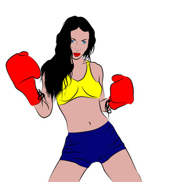 Mujer boxeadora sobre fondo blanco