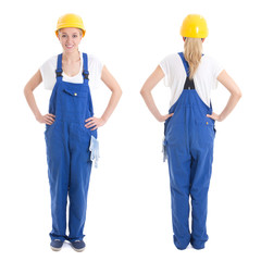 front and back view of woman in builder uniform isolated on whit
