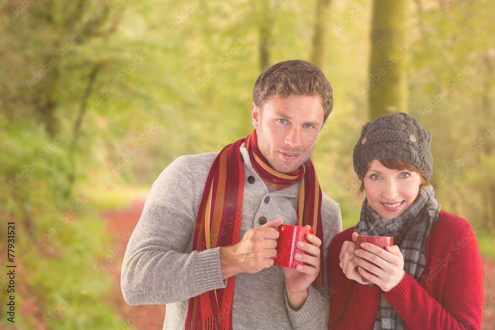 Poster composite image of couple both having warm drinks