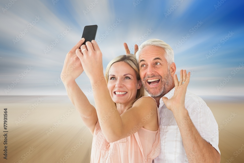 Poster composite image of happy couple posing for a selfie