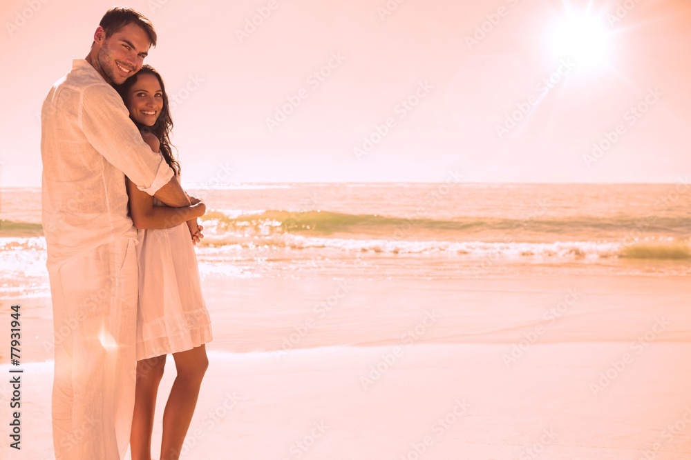 Poster attractive couple hugging and looking at camera