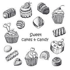 Set of isolated sweet cakes and sweets