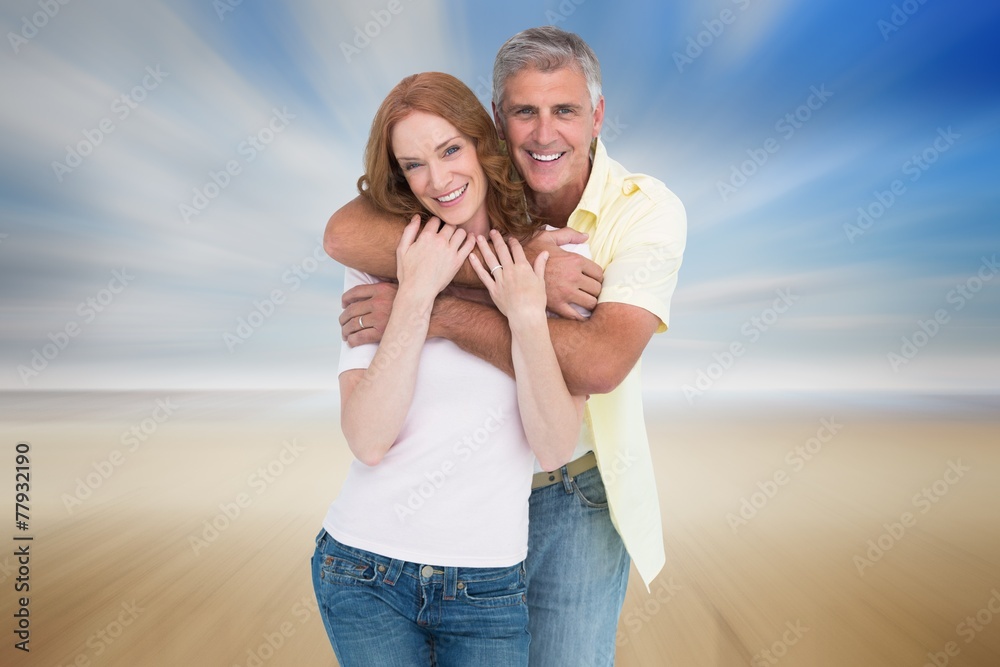 Poster composite image of casual couple smiling and hugging