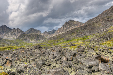 Fototapeta na wymiar Fragments of rock in the mountain tundra