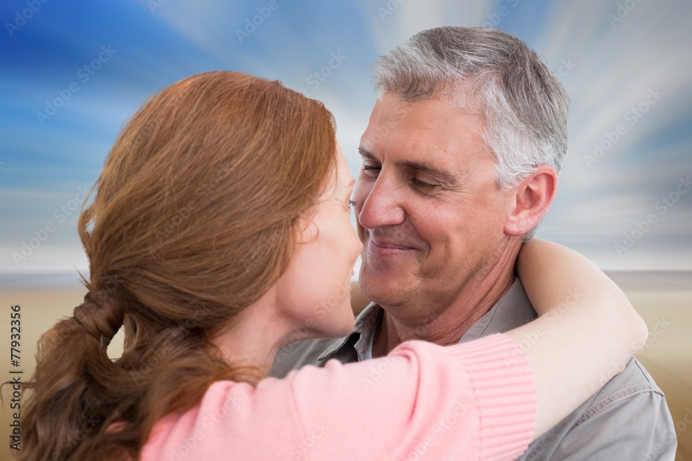 Poster composite image of casual couple hugging and smiling