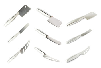 Set of steel kitchen knives isolated
