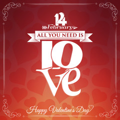 Valentine's Day card with lettering and hearts background. 