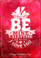 Valentine's Day card with lettering and hearts background. 