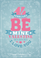 Valentine's Day card with lettering and hearts background. 