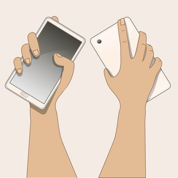 Hand Holding A Mobile Phone. Front And Back View.