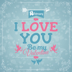 Valentine's Day card with lettering, cupids and doves. 