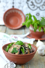 Satsivi - eggplants in peanut sauce. Traditional georgian cuisin
