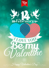 Valentine's Day card with lettering, hearts and cupids. 