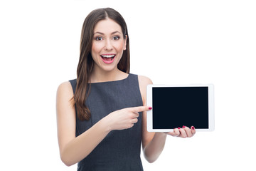 Woman pointing at digital tablet