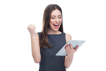 Excited woman with digital tablet