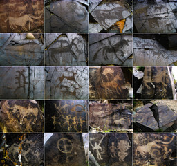 Petroglyphs on the stone in Tambaly or Tamgaly Tas, Kazakhstan
