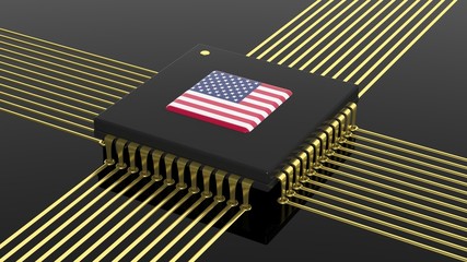 Fototapeta premium Computer CPU with USA flag isolated on black background
