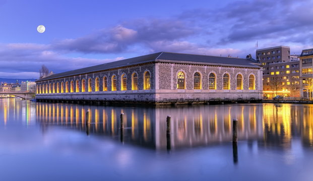 BFM and Rhone river, Geneva, Switzerland, HDR