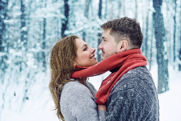 Portrait of happy couple in winter park