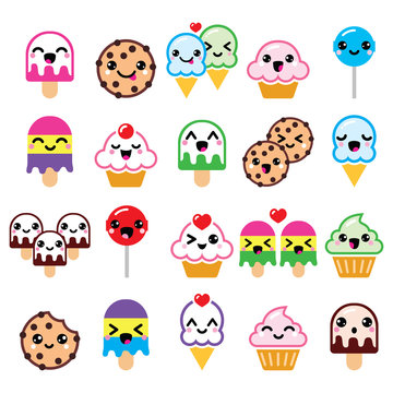 Cute Kawaii food characters - cupcake, ice-cream, cookie