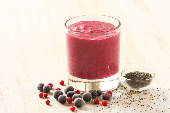 smoothie made from almond milk, berry fruits and chia seeds