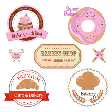 Collection of bakery logo badges and labels
