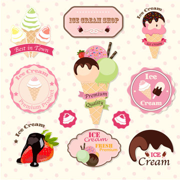 Set of vintage and modern ice cream shop logo badges and labels