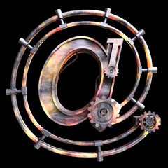 Iron mechanical @ symbol on the black background