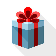 Gift box icon with red ribbon and long shadow on white backgroun