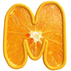 Orange fruit alphabet on white background. Letter m.