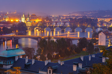 Fototapeta na wymiar Top view bridges on the Vltava River in Prague, Czechia