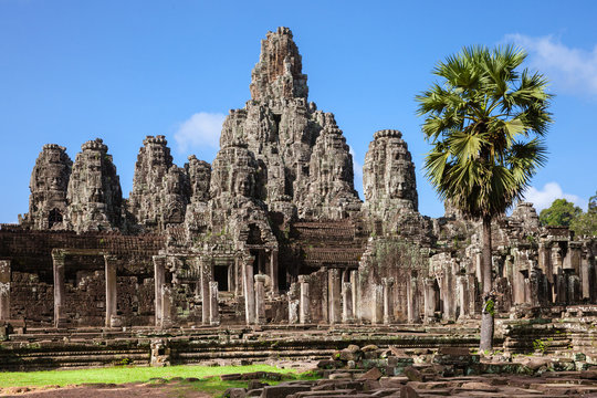 The ruins of Bayon Temple with many stone faces