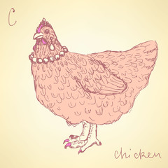Sketch chicken hipster in vintage style