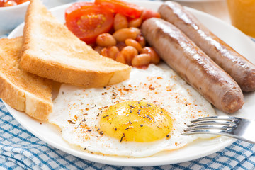 Traditional delicious English breakfast with sausages, close-up