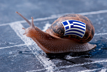 finish line winning of a snail with the colors of Greece flag
