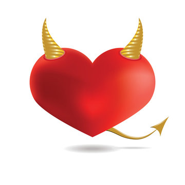Red Devil Heart with Golden Horns and Tail, Isolated On White Ba