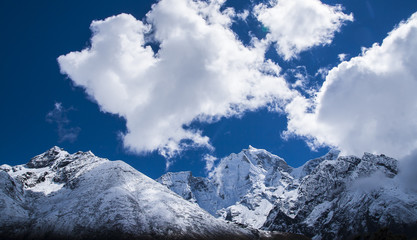 view of the Himalayas from the village of Pangboche
