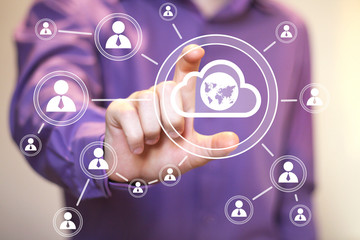 Businessman touch button interface cloud map sign web.