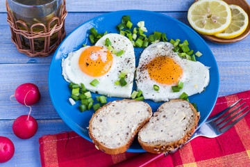 Valentines delicious breakfast fried eggs hearts