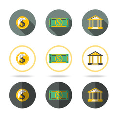 Money and banking icons set. In different flat styles.